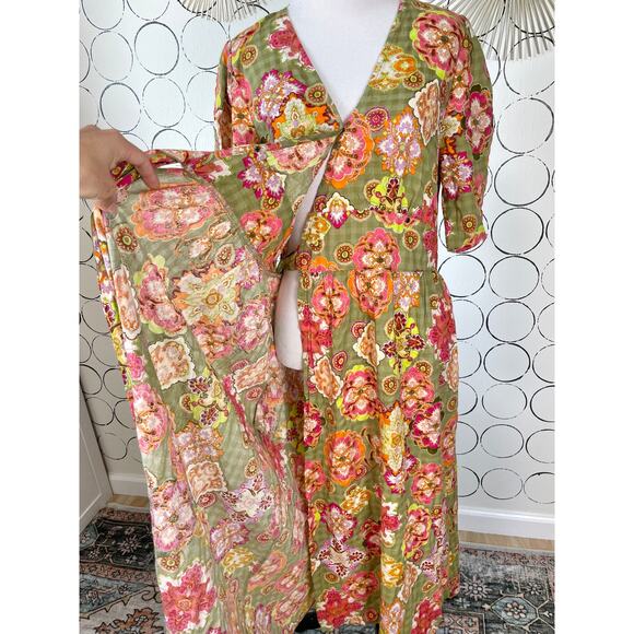 Floral Maxi Wrap Dress Womens 38 Green Pink Boho Cottage Feminine Puff Sleeve - Picture 4 of 15